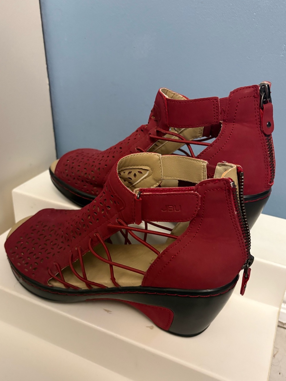 JBU Red Cutout Wedge Sandals with Back Zipper